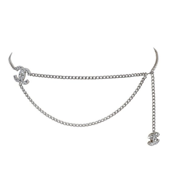 Chanel Silver Crystal Heart Belt Necklace